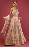 Pink lehenga in georgette with sequins, ruffle net dupatta & sleeveless top.