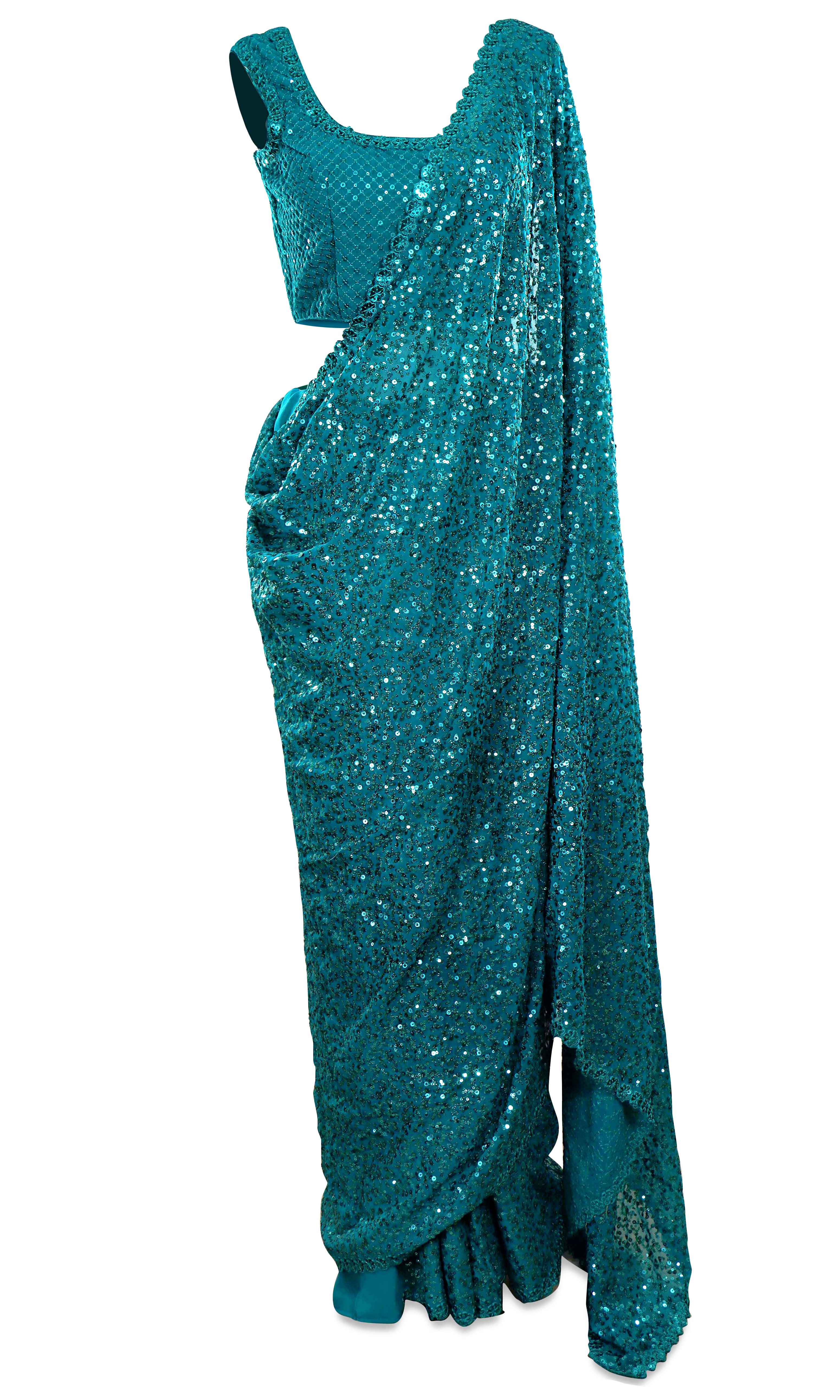 Sugathari Women Turquoise Blue Solid Mermaid Like-Fit Saree